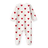 Petit Bateau Front Snap Heart Print Footie ~ White/Red