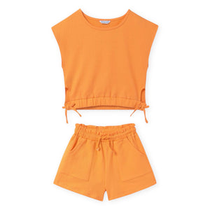 Mayoral Girls Side Tie Waffle Top & Shorts Set 7-12 ~ Pumpkin