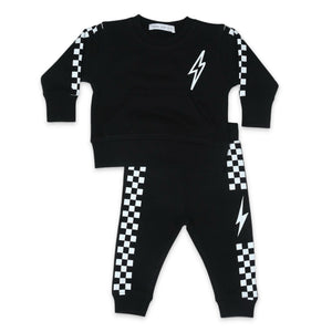Little Mish Speed Racer French Terry Sweatshirt & Joggers Set ~ Black/White