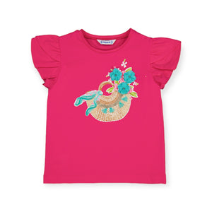 Mayoral Girls Flutter Sleeve T-Shirt w/ Graphic ~ Flower Basket/Fuchsia
