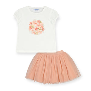 Mayoral Girls Embellished Tee & Tulle Skirt Set ~ White/Nude