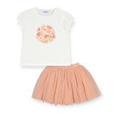 Mayoral Girls Embellished Tee & Tulle Skirt Set ~ White/Nude