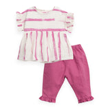 Play Up Baby Striped Woven Top & Pants w/ Frill Set ~ Off White/Magenta