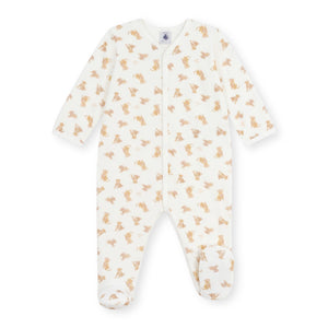 Petit Bateau Velour Front Snap Leopards Print Footie ~ White/Beige