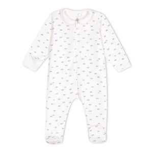 Petit Bateau Front Zip Cloud Print Footie w/ Collar ~ White/Blue