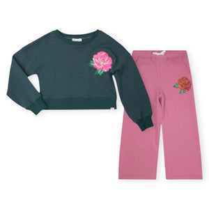 Appaman Girls Lisa Cropped Sweatshirt & Samantha Wide Leg Sweats Set 7-12 ~ Moss/Pink Flower