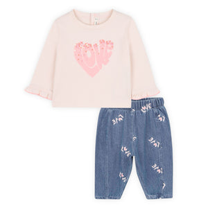 Billieblush Baby Love l/s T-Shirt w/ Ruffle & Embroidered Denim Pants Set ~ Pink/Blue