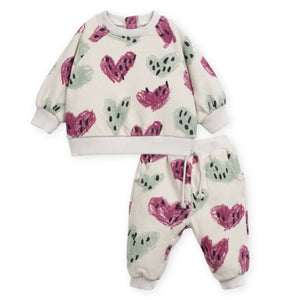 Play Up Baby Hearts Print Fleece Sweatshirt & Sweatpants Set ~ Taupe