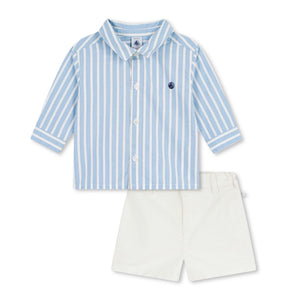 Petit Bateau Baby Woven l/s Shirt & Shorts Set ~ Blue/White