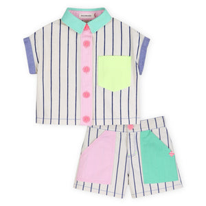 Billieblush Striped Collared s/s Shirt & Contrast Pocket Shorts Set 7-12 ~ White/Blue