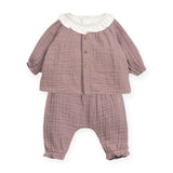 Play Up Baby Woven Cardigan, Ruffle Collar Top & Woven Pants Set ~ Dusty Mauve/White