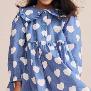 Huxbaby Frilly Heart Print Collar Dress ~ Bijou Blue