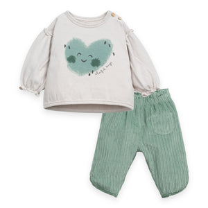 Play Up Baby Heart l/s T-Shirt & Corduroy Pants Set ~ Taupe/Sage
