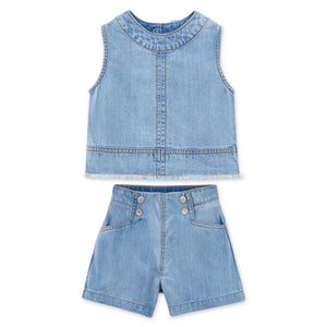 Mayoral Girls Sleeveless Denim Top & Sailor Shorts Set 7-12 ~ Light Wash