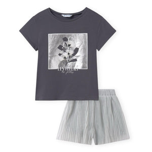 Mayoral Girls Les Fleurs Embroidered T-Shirt & Pleated Shorts Set 7-12 ~Coal/Silver