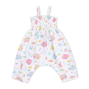 Angel Dear Smocked Muslin Romper ~ Sunny Coral Reef Fish