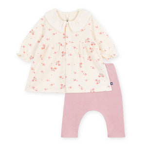 Petit Bateau l/s Ruffle Collar Floral Dress w/ Leggings ~ Cream/Pink