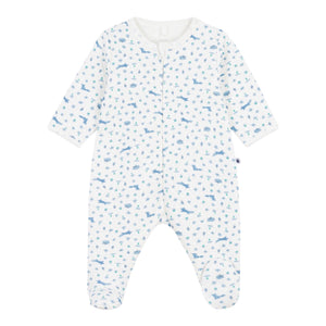 Petit Bateau Front Zip Fox Print Footie ~ White/Blue