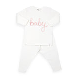 Oh Baby! "Baby" Embroidered 2pc Set ~ Cream/Pink Sparkle