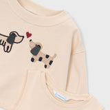 Mayoral Girls Embroidered Puppies Fleece Dress ~ Light Khaki