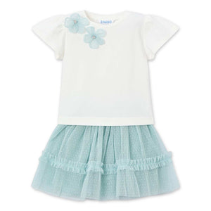 Mayoral Girls Embellished Top & Tulle Skirt Set ~ Lake