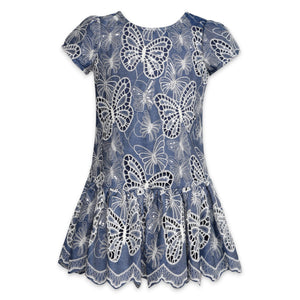 Hannah Banana Butterfly Embroidered Chambray Dress ~ Blue Multi