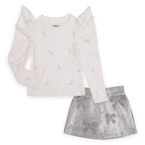 MIA New York Bows Puff Sleeve Top & Skirt Set ~ White/Silver