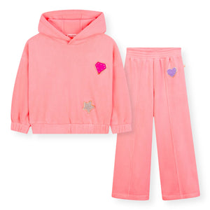 Billieblush Girls Ribbed Velour Hoodie & Wide Leg Sweatpants w/ Patches Set ~ Peach