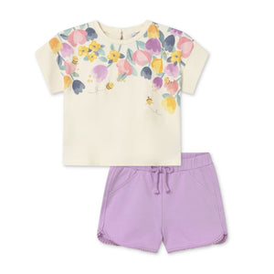 Mayoral Baby Girl Flowers Top & Shorts w/ Trim Set ~ Bone/Lilac
