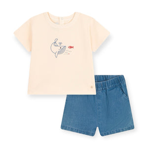 Petit Bateau Baby Boy s/s Graphic Tee & Denim Shorts Set ~ Whale/Blue