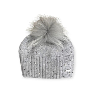Bari Lynn Scattered Pearl & Crystal Hat w/ Pom