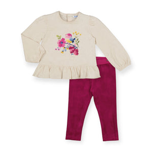 Mayoral Baby Girl Puff Sleeve Top & Velvet Leggings Set ~ Oat/Fuchsia