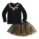 Imoga Ariana Embellished Jersey Bow Tee & Mesh Skirt Set ~ Black/Gold