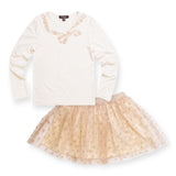 Imoga Ariana Embellished Jersey Bow Tee & Helen Mesh Skirt Set ~ Oatmeal/Gold