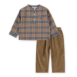 Molo Baby Enoz Plaid Shirt & Sois Corduroy Pants Set ~  Fawn Check