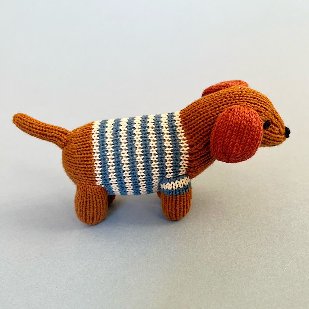 Estella Knit Baby Rattle ~ Blue Dog – Born Yesterday