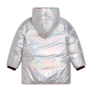 Billieblush Long Hooded Puffer Coat w/ Hearts ~ Silver