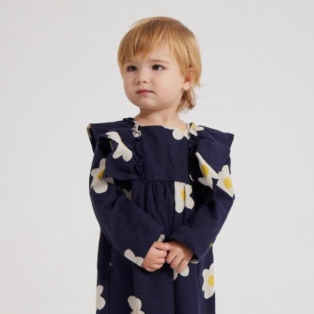 Bobo Choses Baby Printed Ruffle Woven Dress ~ Big Flower/Dark Navy