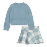 Mayoral Girls Fuzzy Knit Sweater & Check Skirt Set 7-12 ~ Bluebell