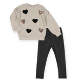 Mayoral Girls Sequin Hearts Sweatshirt & Faux Leather Leggings Set ~ Oat/Black