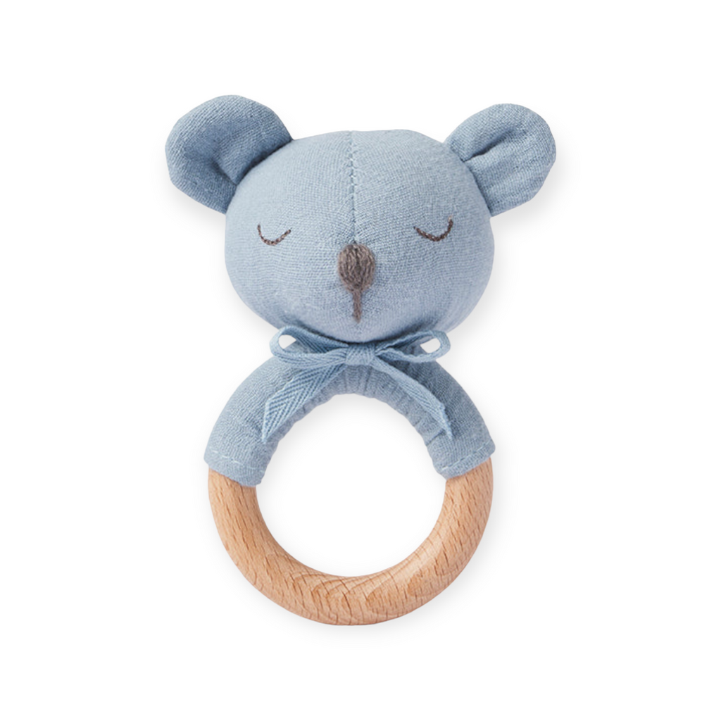 Elegant Baby Muslin Bear Wooden Ring Rattle ~ Blue