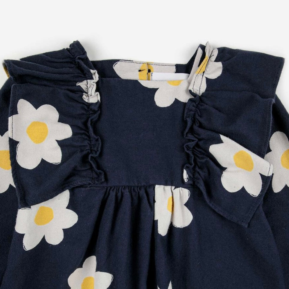 Bobo Choses Baby Printed Ruffle Woven Dress ~ Big Flower/Dark Navy