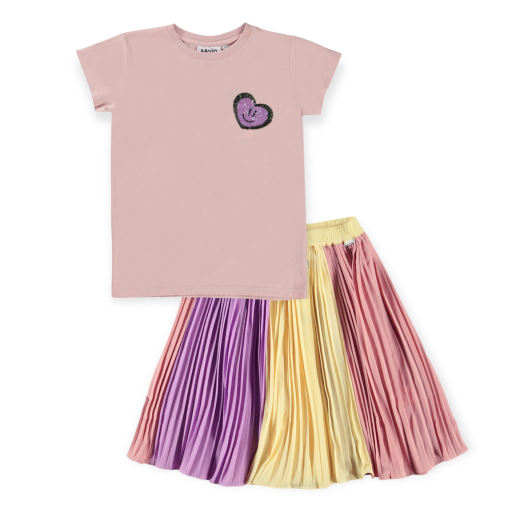 Molo Ranva Sequin Patch Tee & Bess Colorblock Pleated Skirt ~ Little  Heart/Pale Sun