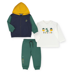 Mayoral Baby Boy Friends l/s Tee, Hoodie & Sweatpants Set ~ White/Navy/Green
