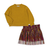 Mayoral Girls Knit Sweater & Printed Pleated Tulle Skirt Set 7-12 ~ Mustard/Blackberry