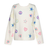 Hannah Banana Emoji Printed Sweater w/ Crystals ~ Ivory Multi