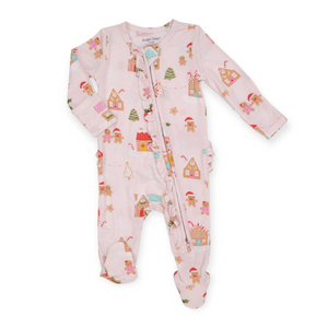 Angel Dear 2 Way Ruffle Zipper Footie ~ Gingerbread Village Pink