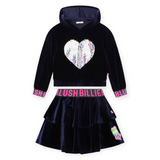 Billieblush Velvet Hoodie w/ Sequin Heart & Flouncy Skirt Set ~ Navy