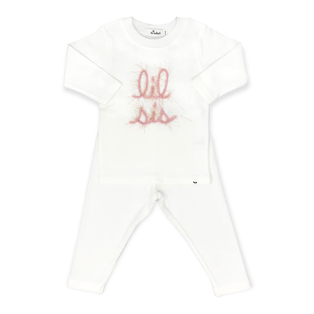 Oh Baby! "Lil Sis" Pink Sparkle Embroidered 2pc Set ~ Cream