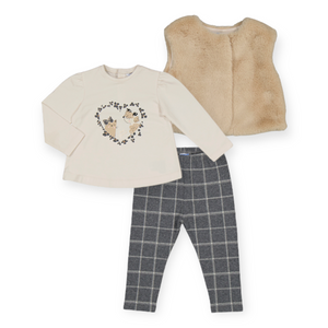 Mayoral Baby Girl L/s Tee, Check Leggings & Fur Vest Set ~ Sand/Anthracite